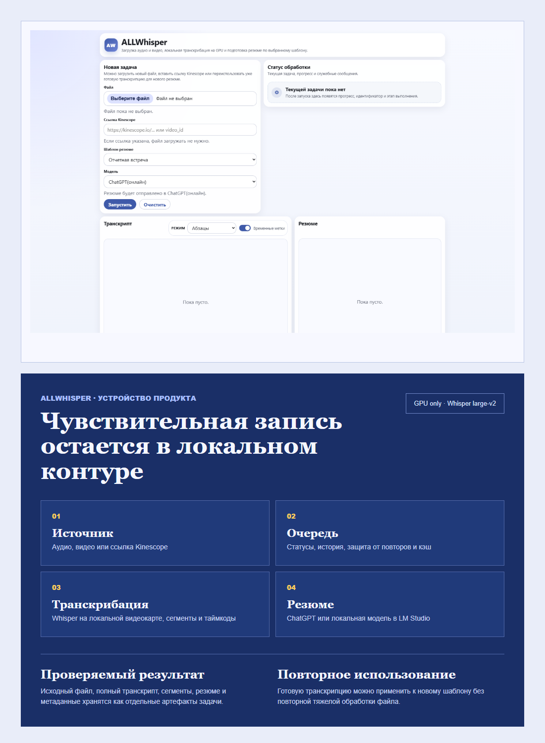 Интерфейс локального продукта AllWhisper